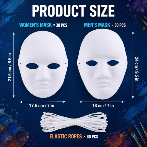 Vista 2 de 60 máscaras de papel maché en blanco blanco DIY máscaras faciales completas