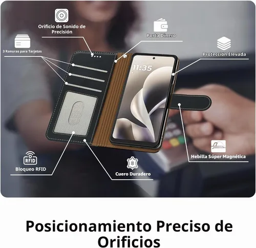 Vista 3 de Funda tipo cartera para Motorola Moto G Power 2026/2025, con bloqueo RFID, de piel sintética, para Moto G Power 2026, cierre magnético, tarjetero