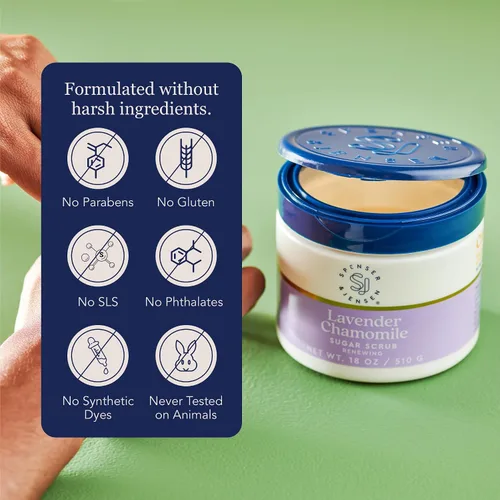 Vista 4 de Spenser & Jensen Exfoliante de azúcar de lavanda y manzanilla, exfoliante corporal hidratante y renovador para una piel suave, tersa y sedosa