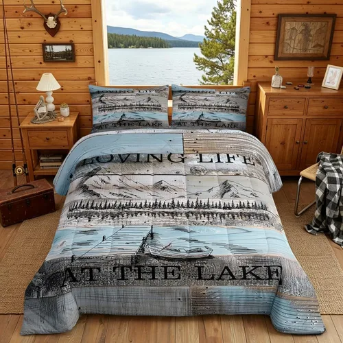 Vista 17 de Juego de edredón de casa del lago, tamaño individual, juego de ropa de cama con ancla náutica para niños, adolescentes y adultos, edredón retro