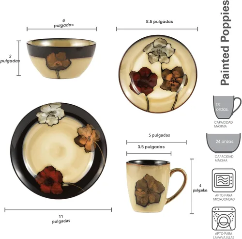 Vista 2 de Pfaltzgraff Painted Poppies - Juego de vajilla de 16 piezas, servicio para 4, platos coloridos de gres floral, cuencos y tazas, apto para microondas