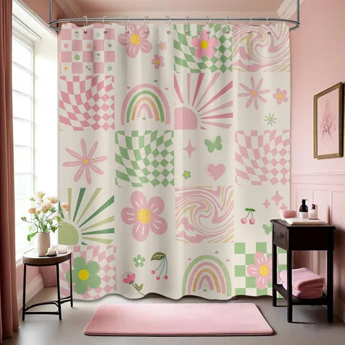 Vista 17 de Bonita cortina de ducha rosa Y2k Groovy Preppy Girls a cuadros, tela impermeable con ganchos, 60 pulgadas de ancho x 72 pulgadas
