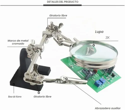 Vista 4 de Soporte de lupa de manos de ayuda con clips de cocodrilo dobles ajustables – Lupa FEITA 5X perfecta para soldar, manualidades, pasatiempos, micro