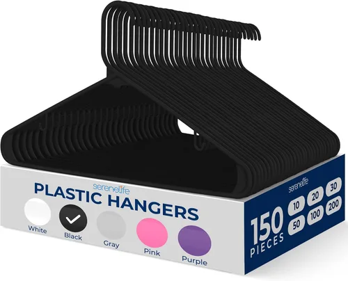Vista 29 de SereneLife - Juego de 10 perchas de plástico con gancho de metal, color negro Non-Slip, Lightweight hangers with a slim profile help keep closets