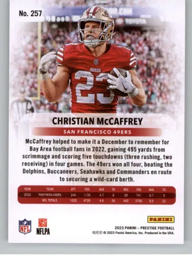 Vista 2 de 2023 Prestige Football #257 Christian McCaffrey San Francisco 49ers Official Panini NFL Trading Card (Stock Photo Shown, Near Mint to Mint Condition)