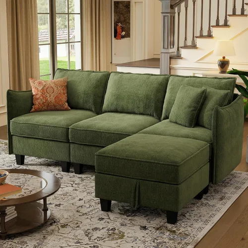 Vista 14 de Sofá modular modular en forma de U de 112 pulgadas con otomana de almacenamiento y funda de cojín lavable para sala de estar, dormitorio Verde