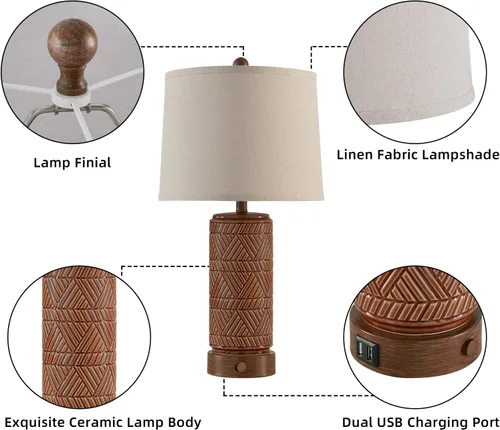 Vista 5 de RORIA Juego de 2 lámparas de mesa vintage táctiles para sala de estar, lámpara de mesita de noche regulable de 3 vías con 2 puertos USB, lámparas