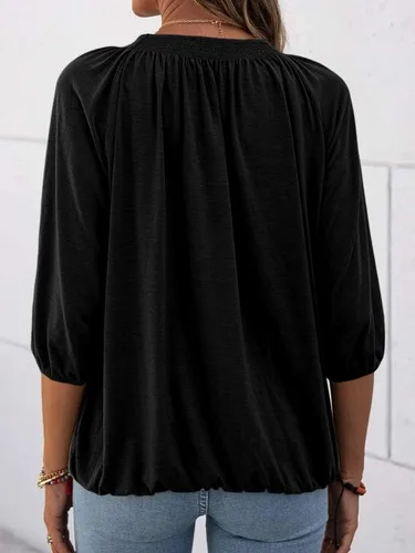 Vista 3 de Grlasen Blusa de algodón con cuello redondo para mujer, manga 34, casual, holgada, plisada, básica