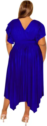 Vista 3 de Salimdy Vestido de satén con cuello en V para mujer, talla grande, manga con volantes, cintura elástica, plisado, acampanado, vestidos largos
