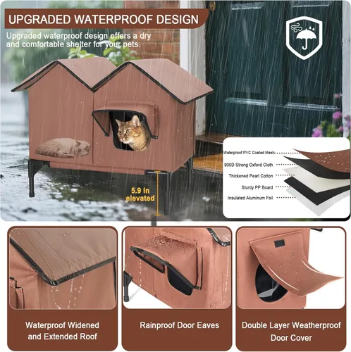 Vista 3 de Casa grande para gatos con calefacción para exteriores en invierno, casa elevada impermeable para gatos al aire libre con almohadilla térmica, casa