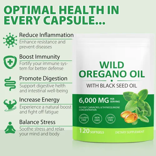 Vista 3 de Aceite de orégano con aceite de semilla negra, 6000 mg cápsulas de aceite de orégano orgánico, con aceite de semilla negra de 200 mg, aceite
