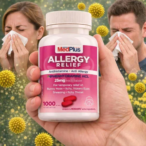 Vista 2 de MedPlus Medicina para aliviar la alergia, difenhidramina HCl 25 mg, 1000 tabletas, antihistamínico, alivio para alergias en interiores y exteriores