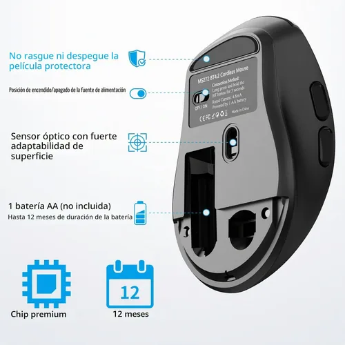 Vista 2 de Ratón con botón lateral ergonómico Bluetooth silencioso negro M272-Negro