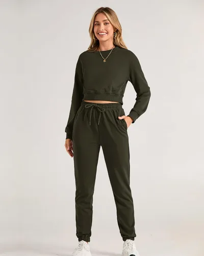 Vista 38 de BTFBM Conjunto deportivo de 2 piezas para mujer, camiseta corta de manga larga, sin botones, pantalón con cordón ajustable, pantalones deportivos