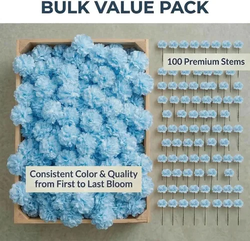 Vista 7 de Larksilk Real Touch - Púas de clavel de seda azul – 100 unidades a granel, cabezas de flores artificiales de 3.5 pulgadas con tallos de 5 pulgadas