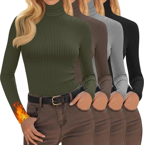 Vista 29 de Oakgarden Paquete de 4 camisetas térmicas de cuello alto para mujer, de manga larga, acanaladas, de algodón, ajustadas, capa base, ropa