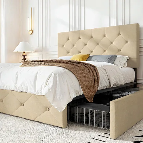 Vista 18 de HOOMIC Base de cama de almacenamiento de plataforma de tamaño matrimonial con 4 cajones y cabecera ajustable, listones de madera, no necesita Blanco