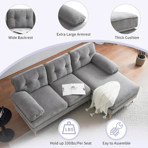 Vista 4 de Juego de sofás modulares modernos de 83 pulgadas, sofás tapizados en forma de L de terciopelo con respaldo y reposabrazos sueltos, juego de sofás