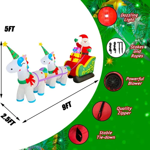 Vista 7 de SEASONBLOW Papá Noel inflable de Navidad de 9 pies en trineo con 2 decoraciones de unicornio con luz LED para patio, césped, jardín, hogar, fiesta