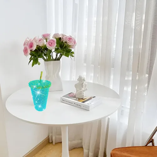 Vista 6 de Tazas de café helado con purpurina de diamante, taza de agua azul brillante con tapa y popote para agua para mujer y niña, 2