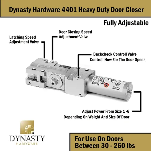 Vista 8 de Dynasty Hardware Cierrapuertas hidráulico comercial de alta resistencia de grado 1 y brazo abierto, cierre automático, tamaño de resorte ajustable