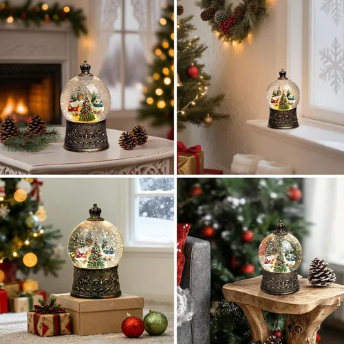Vista 7 de Linterna de Globo de Nieve Navideño con Purpurina, Luz Musical de Globo de Nieve con Temporizador, Caja de Música con Alimentación USB y por