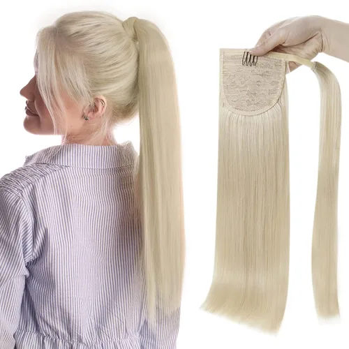 Vista 23 de Extensiones de cabello Full Shine con clip para cola de caballo, cabello humano, tonos medios marrones y rubio miel, envoltura alrededor de la cola