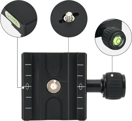Vista 5 de Placa de liberación rápida de aluminio de 1.969 in con abrazadera QR de 3/8 pulgadas con adaptador de 1/4 pulgadas y nivel de burbuja Ytvariw