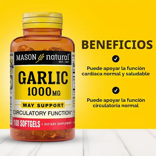 Vista 2 de MASON NATURAL Aceite de ajo de 1000 mg, corazón saludable, apoya la función circulatoria, mejora la salud cardiovascular, 100 unidades, paquete de 3