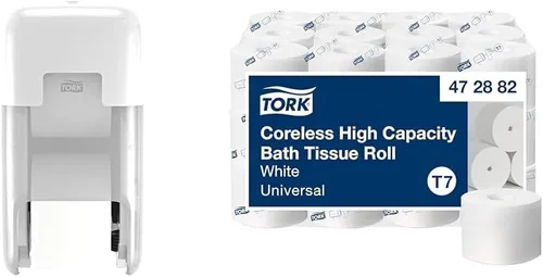 Vista 13 de Tork OptiServe - Dispensador de papel higiénico (2 rollos) sin cilindro de cartón interior, negro T7/T5, dispensador vertical, diseño de elevación +