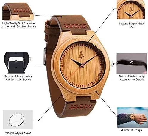 Vista 3 de Treehut - Reloj de pulsera analógico para hombres, de madera con correa de piel auténtica, estilo elegante., Marrón Natural 1