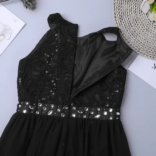 Vista 7 de Daenrui Vestido largo de encaje floral para niñas y niñas, con cuello halter, para baile de boda, fiesta de baile