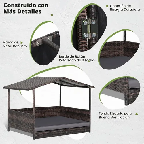 Vista 3 de Tangkula Casa de mimbre para perros, cama elevada de ratán para interiores y exteriores con cojín extraíble, funda lavable, techo impermeable