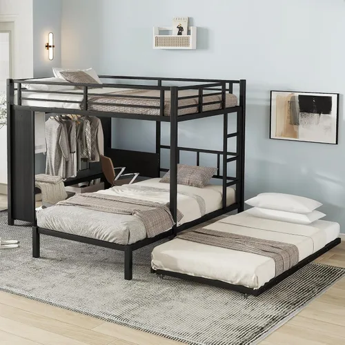 Vista 3 de Full Over Twin Bunk Bed with Trundle and Ladders, Metal Bunk Bed Frame with Built-in Foldable Desk & Wardrobe, Space-Saving Beds for Kids Teens