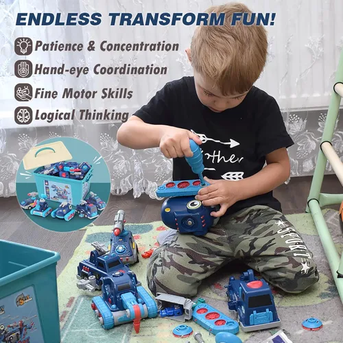 Vista 4 de Desmontar vehículo juguete magnético transformar coche dinosaurio robot construcción herramienta 5-in-1 Trucks STEM Assemble Car with Storage Box