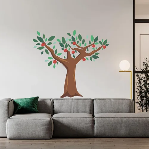 Vista 2 de Vinilo decorativo para pared de árbol enorme con frutas, para habitación de niños, diseño de manzanas colgando en un árbol para decoración de pared