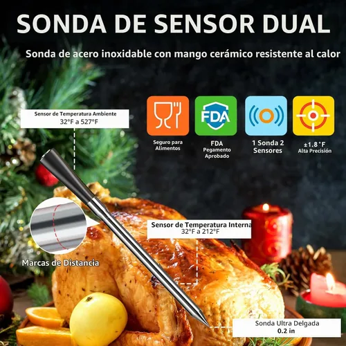 Vista 4 de Termómetro digital inalámbrico para carne con rango de 800 pies, termómetro Bluetooth 5.3 para alimentos con sonda de doble temperatura, pantalla