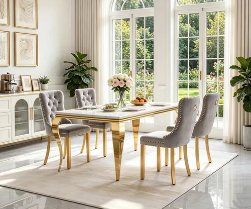 Vista 25 de Juego de 5 mesas de comedor de mármol sintético para 4 mesas de cocina de lujo de 68 pulgadas de oro blanco con 4 sillas tapizadas de terciopelo