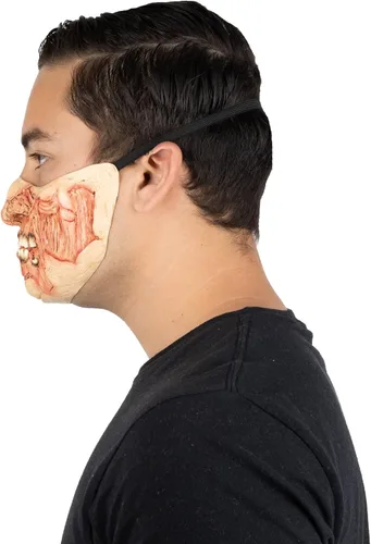 Vista 3 de Ghoulish Productions Máscara de 2 caras de bozal. Máscara de látex de media cara rasgada. Máscara de látex de talla única para adultos. Línea