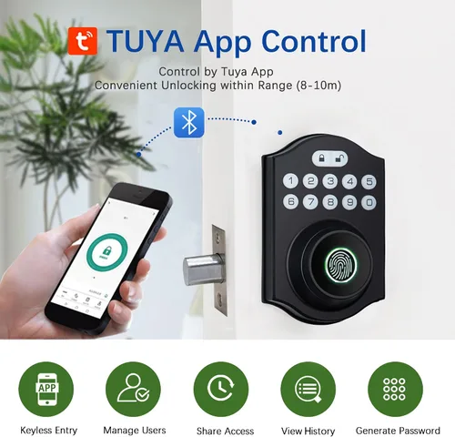 Vista 5 de Cerradura inteligente de puerta de huellas dactilares, cerrojo de entrada sin llave con teclado electrónico, control de aplicación Bluetooth, Negro