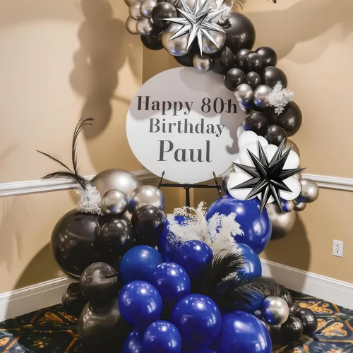 Vista 6 de Kit de arco de globos azul marino y negro, guirnalda de globos con globos de papel de aluminio metálico plateado blanco oscuro globos de látex