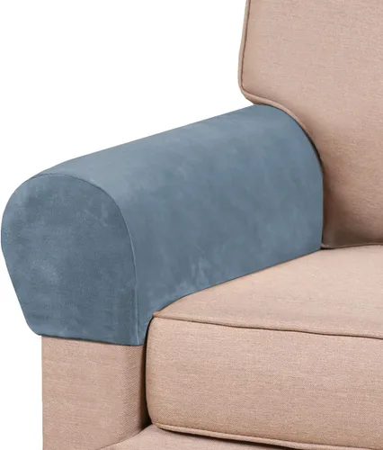 Vista 13 de PrinceDeco 2 Pack Thick Velvet Stretch Armrest Covers for Chairs and Sofas, Non Slip, Blue