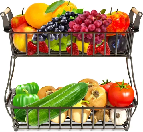Vista 2 de DINEST Cesta de frutas de 2 niveles para encimera de cocina, organizador de almacenamiento de frutas y verduras de metal desmontable con mango