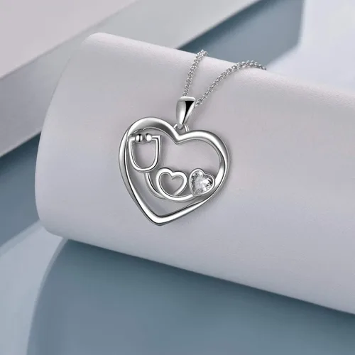 Vista 3 de Collar con estetoscopio de plata de ley con diseño de corazón y enfermería, regalo para enfermeras y médicos