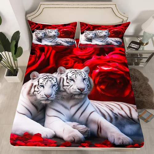 Vista 26 de Erosebridal Juego de sábanas bajeras de rosas rojas y leopardo, tamaño individual, diseño de animales africanos salvajes, diseño de plantas