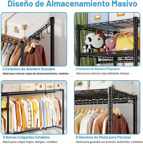 Vista 6 de F7 Plus - Perchero para colgar ropa, color negro Heavy Duty Garment Rack, 6-Tiers Freestanding Portable Closet Storage Racks 68'' W × 14.6'' D ×