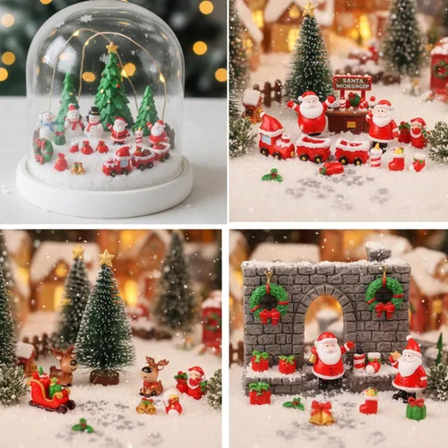 Vista 4 de 58 piezas de figuritas en miniatura de Navidad, miniaturas de Santa Claus, muñeco de nieve, copo de nieve, reno en miniatura de resina, adornos