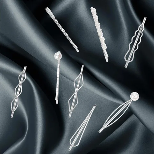 Vista 4 de BOYIVI 16 horquillas geométricas de metal para el cabello, elegantes pasadores de pelo de metal plateado para novia, pines adornados para mujeres