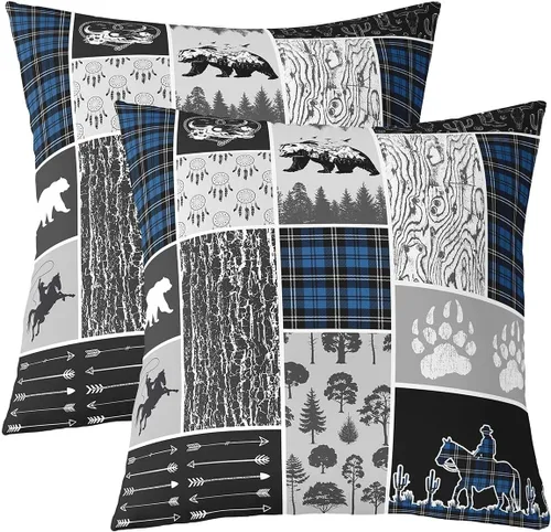 Vista 28 de Erosebridal Juego de 2 fundas de almohada occidentales de 16 x 16 pulgadas, fundas de almohada cuadradas decorativas de cuadrícula marrón retro
