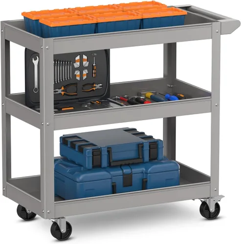 Vista 10 de Goplus Carrito utilitario de 3 niveles, carrito de herramientas de servicio comercial resistente con ruedas bloqueables, capacidad de carga de 330